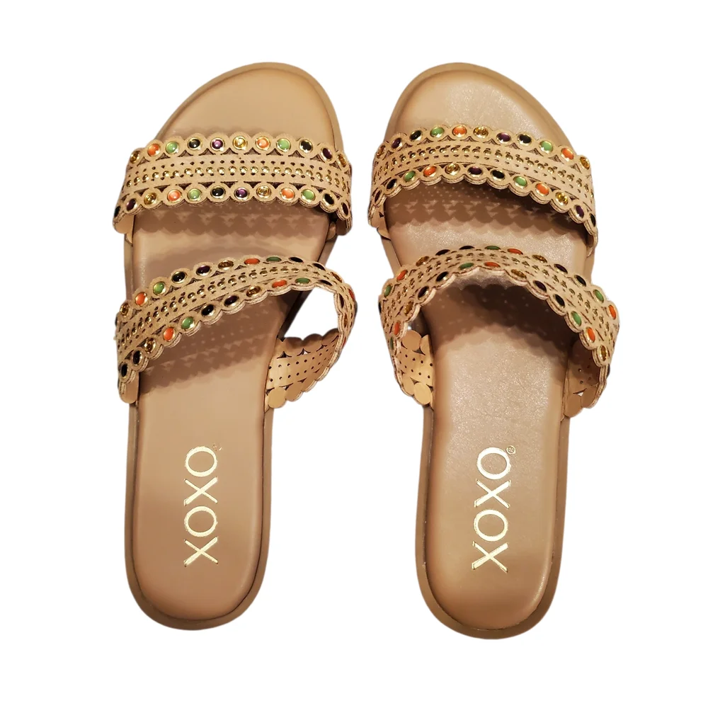 Womens Size 6 XOXO Tan Sandals with Colorful Embellishments